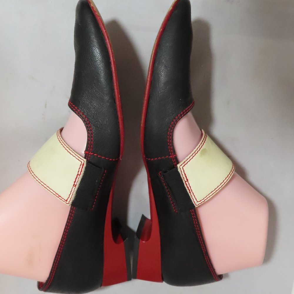 John Fluevog Black and Red Flats with Cream Strap